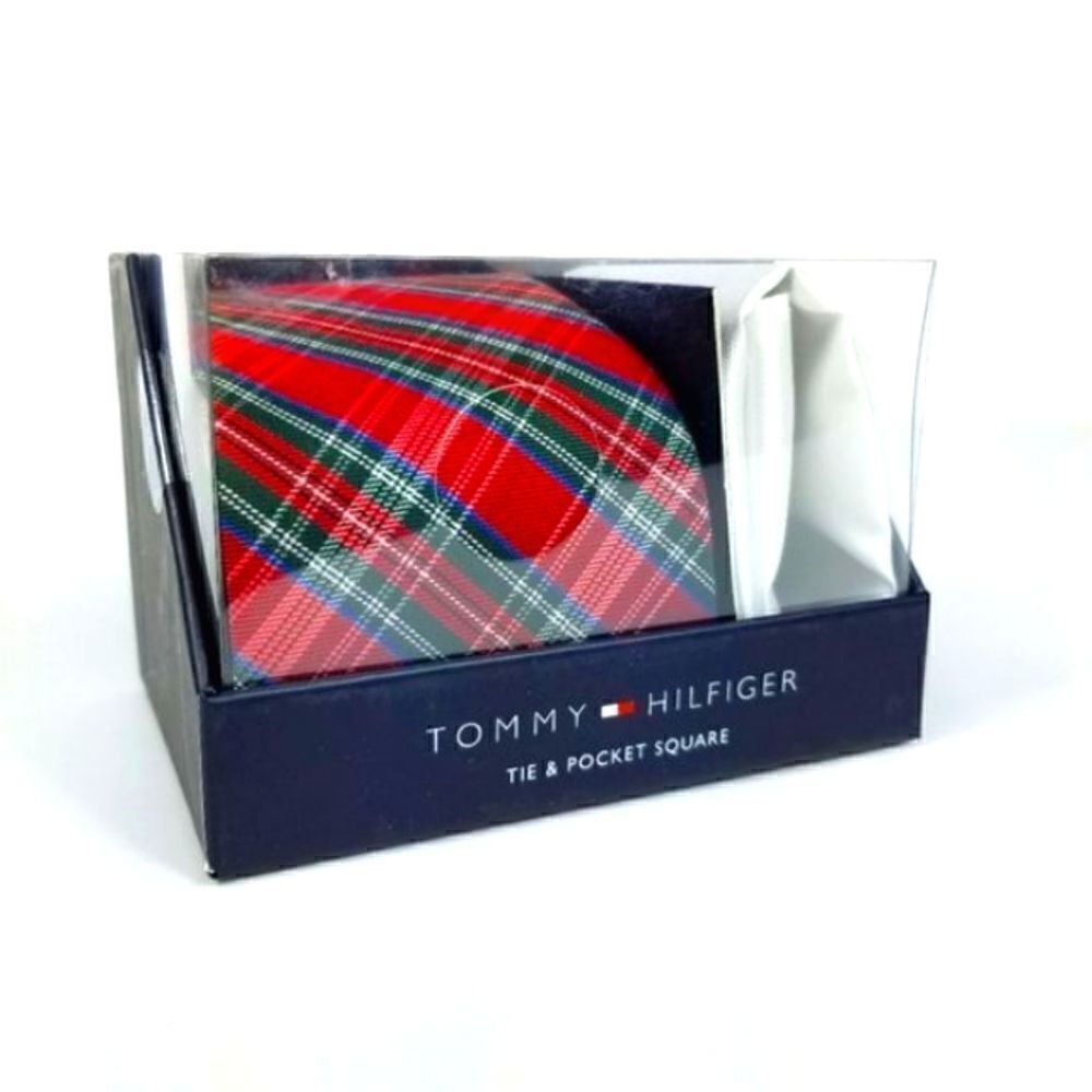 Tommy Hilfiger Red and Green Tartan Plaid Tie & Pocket Square Set - Picture 3 of 5